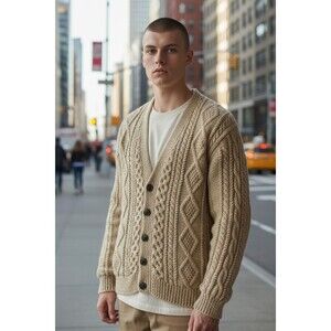 VTG Blarney Woolen Mills Mens L Irish Fisherman Cable Hand Knit Cardigan Sweater